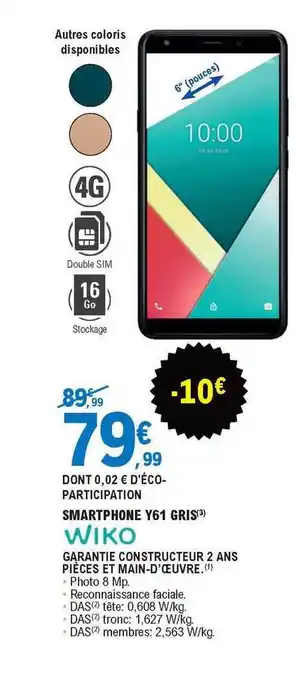 E.Leclerc Smartphone Y61 Gris Wiko offre