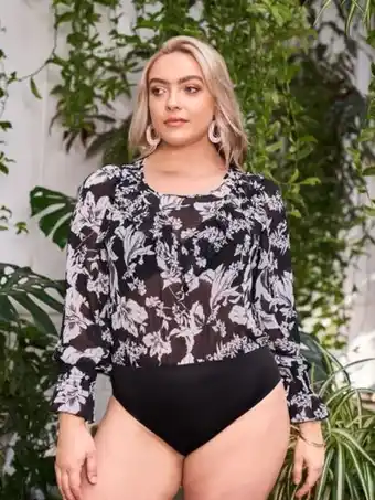 Shein unity body à imprimé floral à manches évasées à volants en mousseline (sans soutien-gorge)
