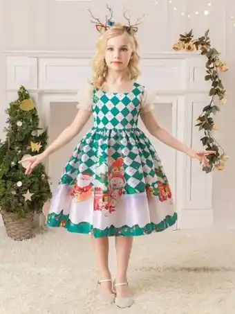 Robe de soirée losange à imprimé noël à manches évasées à nœud au dos