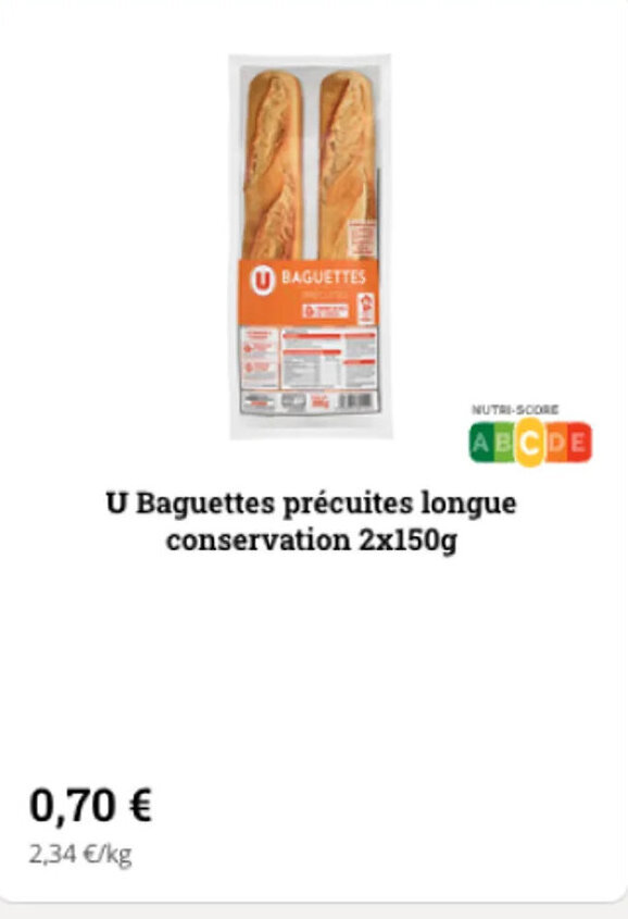 Super U U baguettes précuites longue conservation 2x150g offre