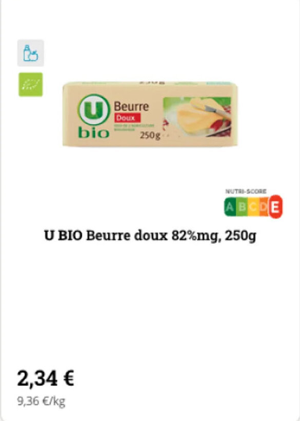 Super U U bio beurre doux 82%mg, 250g offre