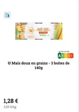 Super U U maïs doux en grains - 3 boîtes de 140g offre
