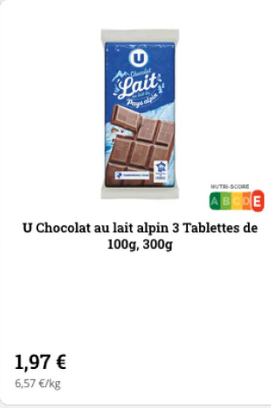 Super U U chocolat au lait alpin 3 tablettes de 100g, 300g offre