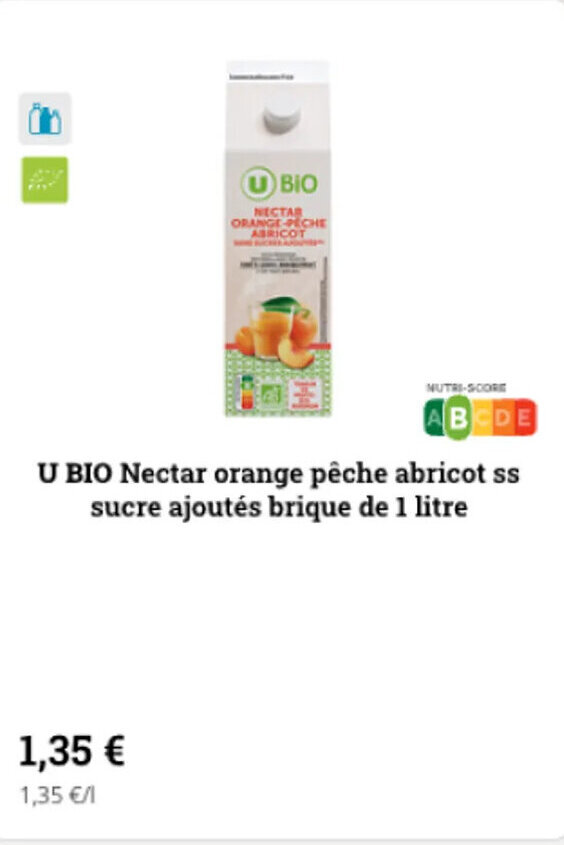 Super U U bio nectar orange pêche abricot ss sucre ajoutés brique de 1 litre offre