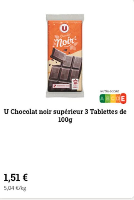 Promo U chocolat noir supérieur 3 tablettes de 100g chez Super U