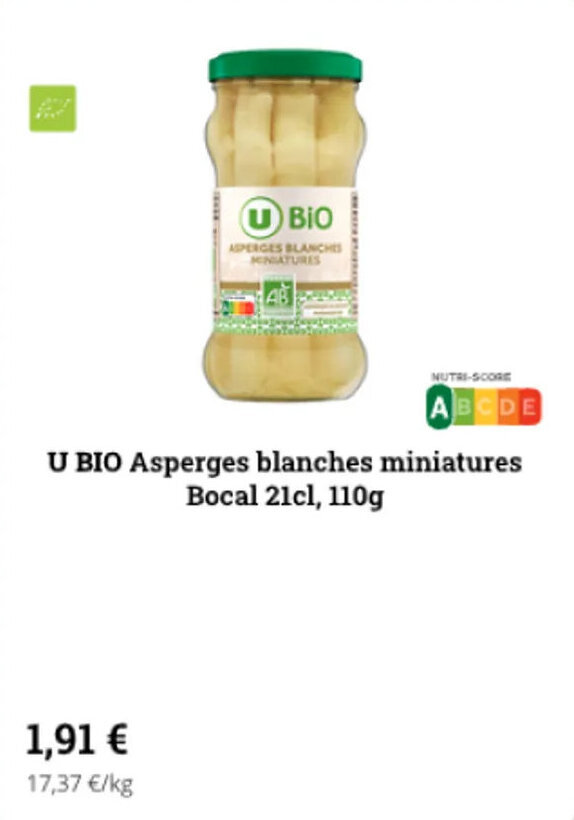 Super U U bio asperges blanches miniatures bocal 21cl, 110g offre