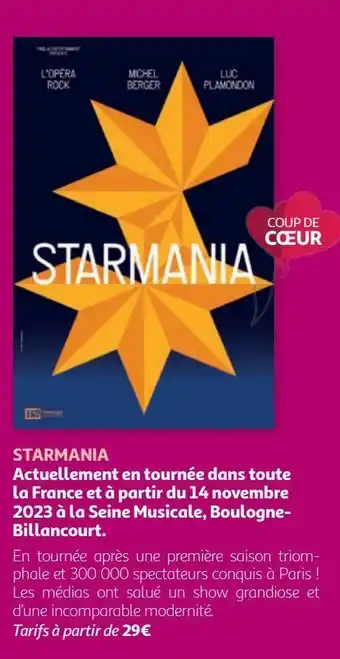 Auchan Starmania actuellement en tournée dans toute la france et à partir du 14 novembre 2023 à la seine musicale, boulogne- billan offre