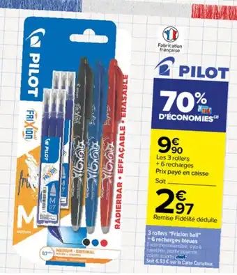 Carrefour 3 Rolers "frixion ball" + 6 recharges bleues offre