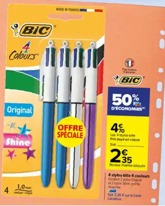 Carrefour 4 Stylos-bille 4 couleurs offre