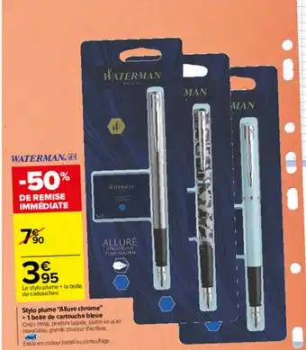 Carrefour Stylo plume "allure chrome" + 1 boite de cartouche bleue" offre
