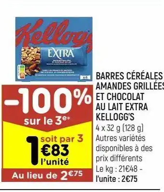Barres céréales amandes grillées et chocolat au lait extra kellogg's