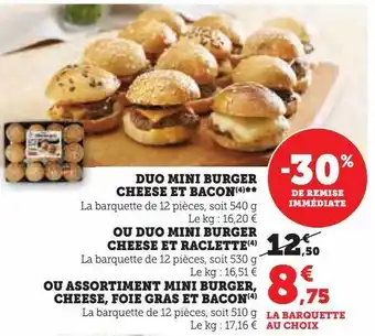 Hyper U Duo mini burger cheese et bacon ou duo mini burger cheese et raclette ou assortiment mini burger, cheese, foie gras et bacon offre