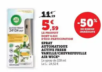 Hyper U Spray automatique active fresh vanille/chevrefeuille air wick offre