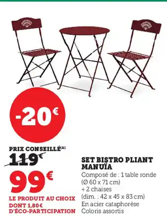 Super U Set Bistro Pliant Manuïa offre
