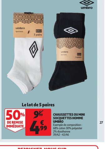 Auchan Chaussettes ou mini socquettes homme umbro offre
