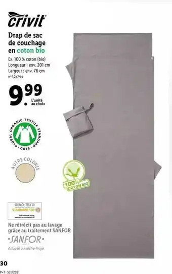 Lidl Crivit Drap De Sac De Couchage En Coton Bio offre