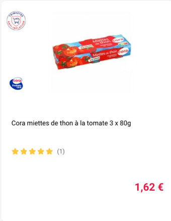 Cora x Carrefour Cora miettes de thon à al tomate 3 x 80g offre