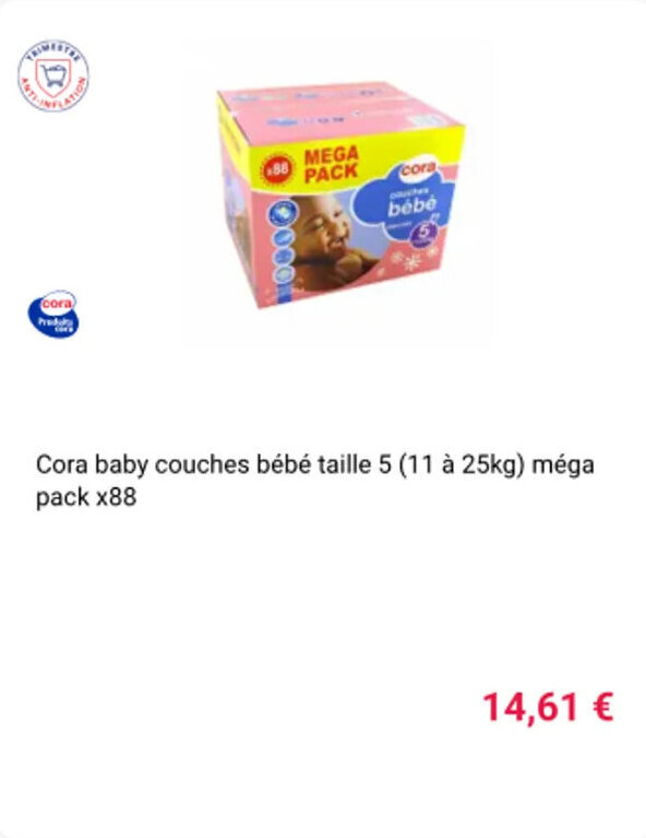 Cora Cora baby couches bébé taille 5 (11 à 25kg) méga pack x88 offre