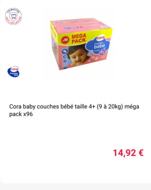 Cora Cora baby couches bébé taille 4+ (9 à 20kg) méga pack x96 offre
