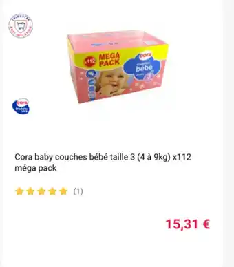 Cora x Carrefour Cora baby couches bébé taille 3 (4 à 9kg) x112 méga pack offre