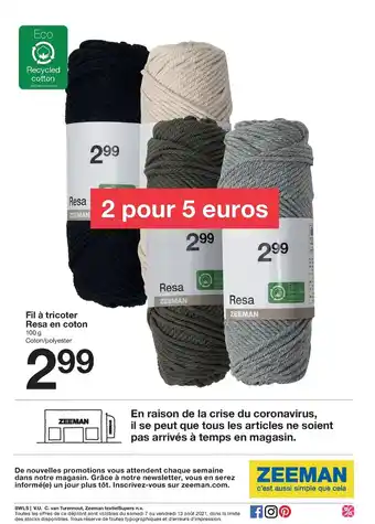 Zeeman Fil a Tricoter Resa En Coton offre