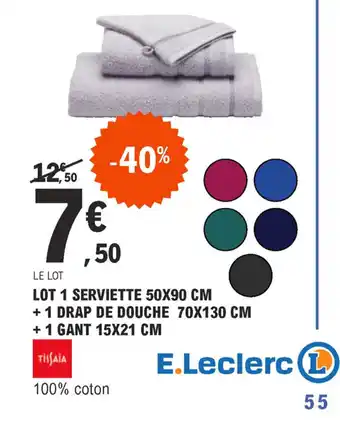 E.Leclerc Lot 1 serviette 50x90 cm + 1 drap de douche 70x130 cm + 1 gant 15x21 cm offre