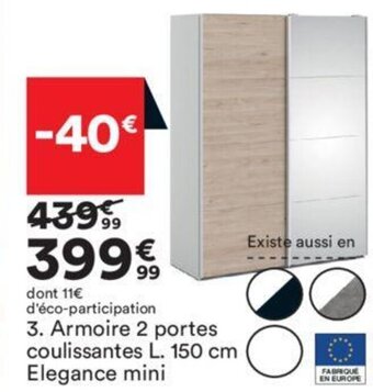 BUT Armoire 2 portes coulissantes L. 150 cm Elegance mini offre