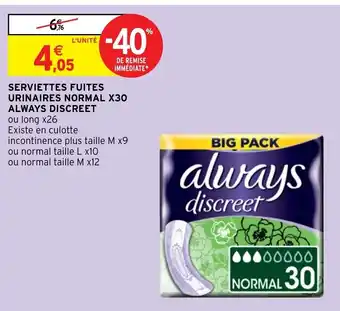 Intermarché Hyper Serviettes Fuites Urinaires Normal X30 offre