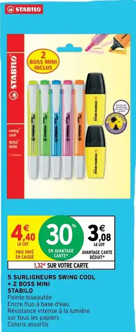 Intermarché Hyper 5 Surligneurs Swing Cool + 2 Boss Mini Stabilo offre