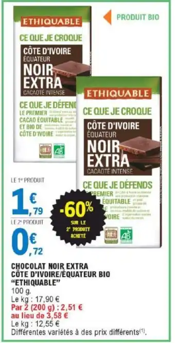 E.Leclerc Chocolat Noir Extra Côte D'Ivoire/Équateur Bio Ethiquable offre