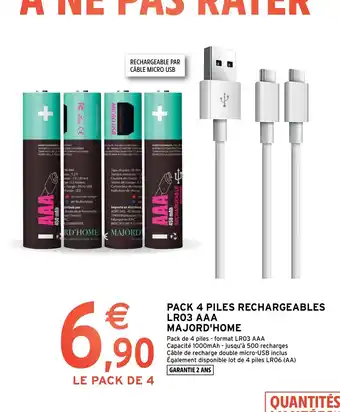 Pack 4 Piles Rechargeables LR03 AAA Majord'Home