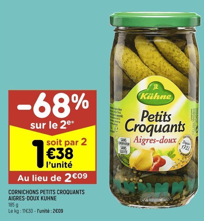 Promo Cornichons petits croquants aigresdoux kuhne chez Leader Price