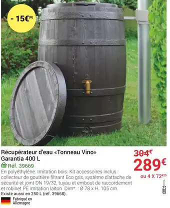 Gamm vert Récupérateur d’eau tonneau vino garantia 400 l offre