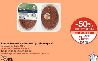 Monoprix Monoprix steaks hachés 5% de mat. gr. offre