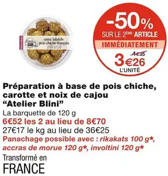 Préparation à base de pois chiche, carotte et noix de cajou “atelier blini”