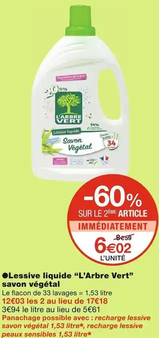 Monoprix L’arbre vert lessive liquide savon végétal offre