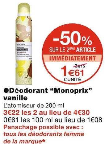 Monoprix Monoprix déodorant vanille offre