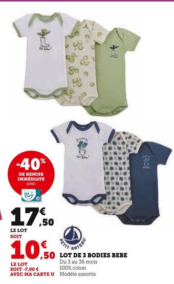 Super U Petit bateau lot de 3 bodies bebe offre