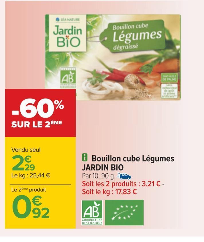 Promo Jardin bio bouillon cube légumes chez Carrefour