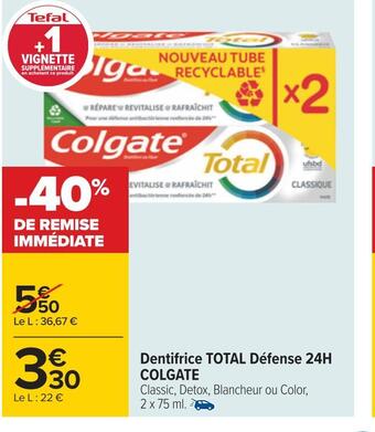 Carrefour Colgate dentifrice total défense 24h offre