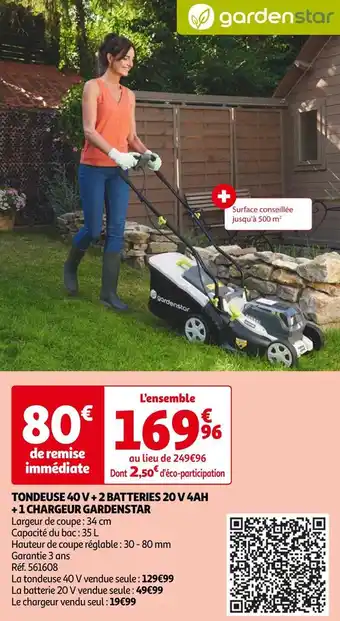 Auchan Gardenstar tondeuse 40 v + 2 batteries 20 v 4ah + 1 chargeur offre