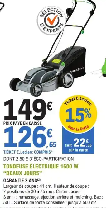 E.Leclerc Jardi Tondeuse électrique 1300 W Beaux Jours offre