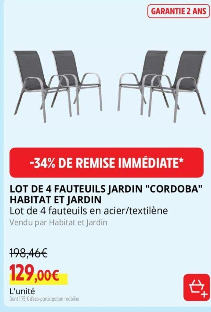 Promo Lot De 4 Fauteuils Jardin "Cordoba" Habitat Et Jardin chez