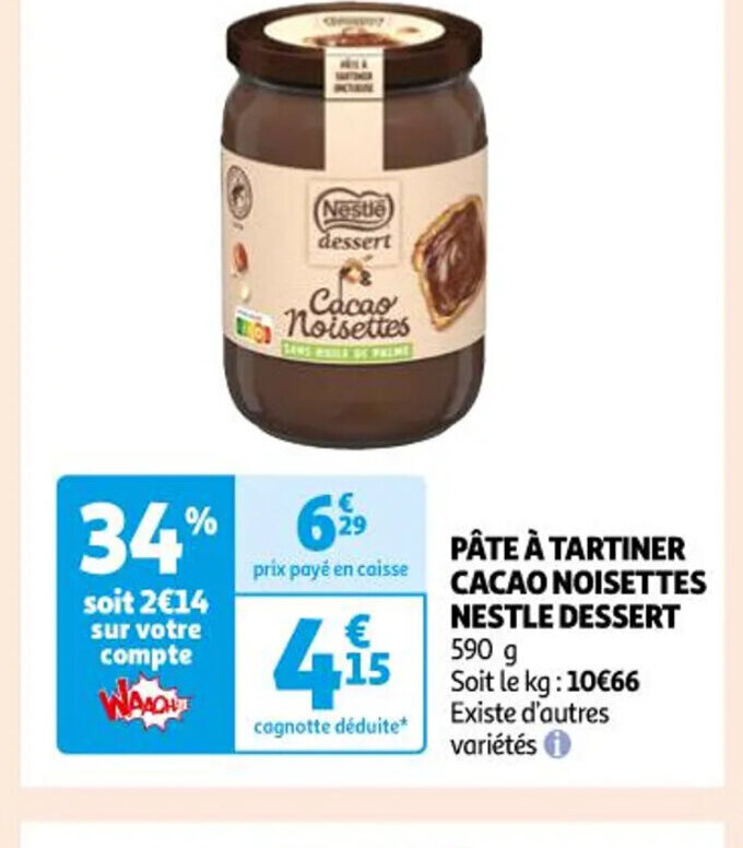 Promo Pate a tartiner cacao noisettes nestle dessert chez Auchan