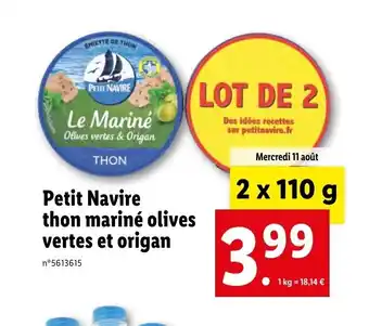 Lidl Petit navire thon mariné olives vertes et origan offre