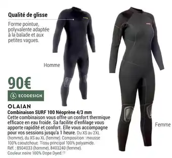 Decathlon Olaian combinaison surf 100 néoprène 4/3 mm offre