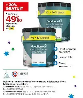 Castorama Goodhome peinture blanche haute résistance murs, boiseries et métal int. offre