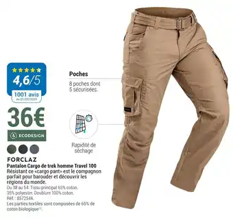 Decathlon Forclaz pantalon cargo de trek homme travel 100 offre