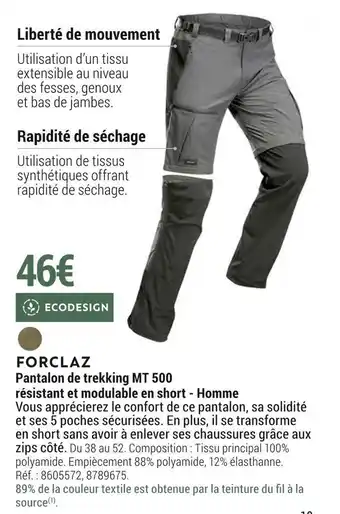 Decathlon Forclaz pantalon de trekking mt 500 résistant et modulable en short - homme offre