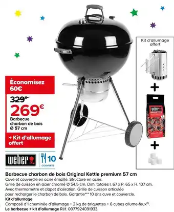 Castorama Weber barbecue charbon de bois original kettle premium 57 cm offre